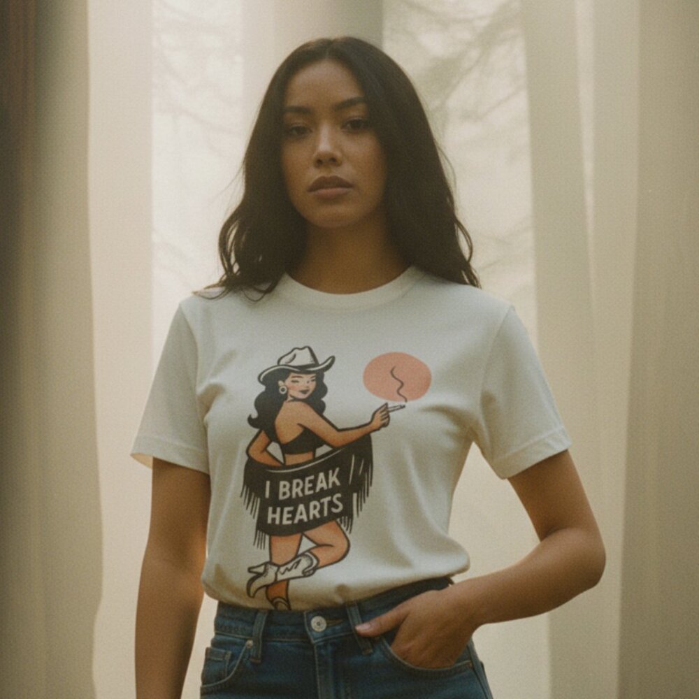 Vintage Style Pinup Cowgirl Heart Breaker Graphic Tee Retro Comic Style Design